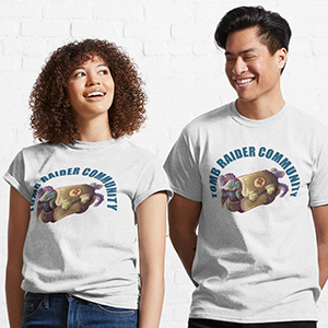 Models wearing Tomb Raider Community t-shirts featuring our logo with a medipack full of plushie dinosaurs.